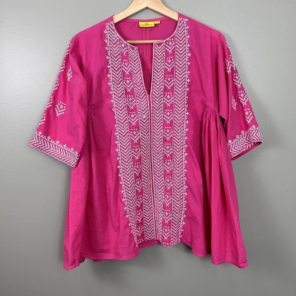 Roberta Roller Rabbit Hot Pink White Embroidered Boho Tunic Top Shirt size XS